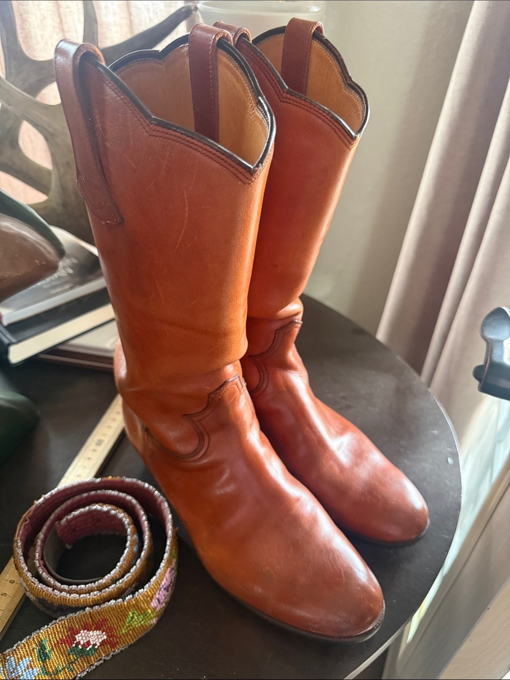 Classic Mid-Calf Leather Heeled Boots in Cognac custom by E.Vogel Inc